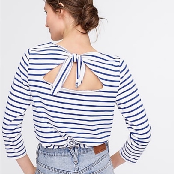 🐢SOLD🐢 J. Crew Top XS White Red Striped Long Sleeve Tie Back Casual Classic - Picture 2 of 11